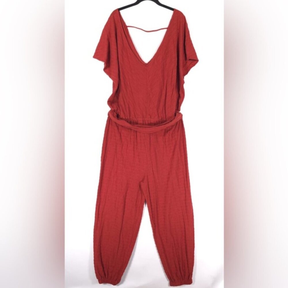 ANTHROPOLOGIE Jumpsuit Vneck Short Sleeve Tie Elastic Waist Jogger Leg LARGE